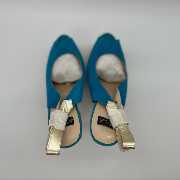 NYLA Perlia Blue Leather Peep-toe Wedges - size 9 - Picture 5 of 7